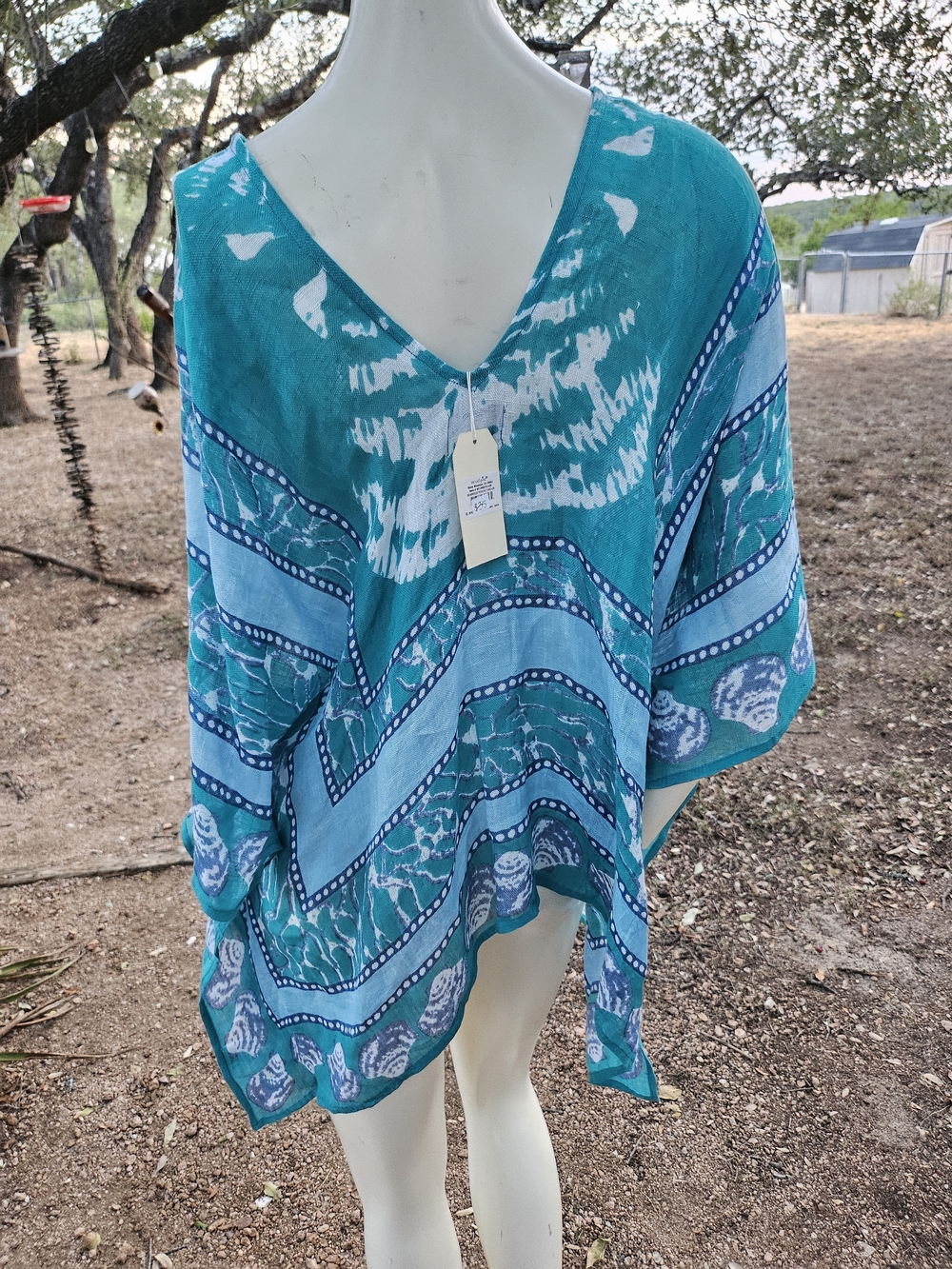 New W Tag Mud Pie Turquoise Blue V-Neck Sea Breeze Poncho Linen Swim Cover-Up OS - Picture 4 of 10